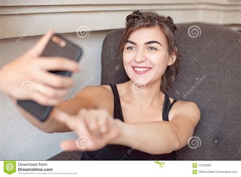 close up woman take selfie with smartphone in cafe stock image image of cheerful mobile