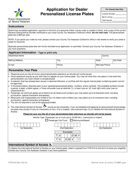 Vtr 35 Application For Dealer Personalized License Plates Edit Fill