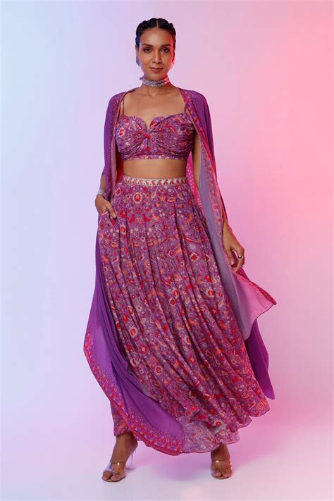 Buy Sva By Sonam And Paras Modi Purple Crepe Silk Saanjh Print Cape Pant