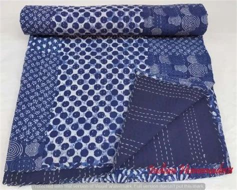 Blue Cotton Indigo Patchwork Kantha Bedcover Quilt Reversible Size