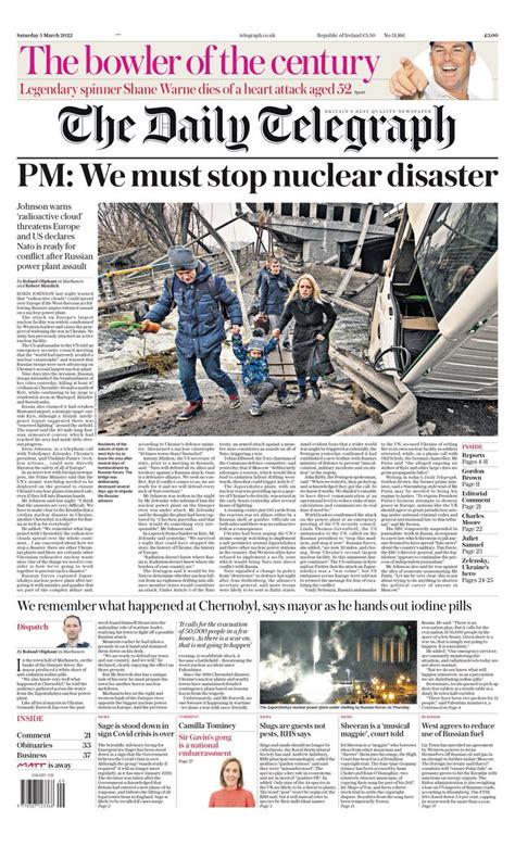 Daily Telegraph Front Page 5th Of March 2022 Tomorrow S Papers Today