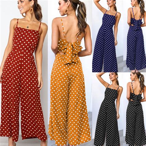 elegant sexy jumpsuits women sleeveless polka dots loose trousers wide leg pants rompers holiday