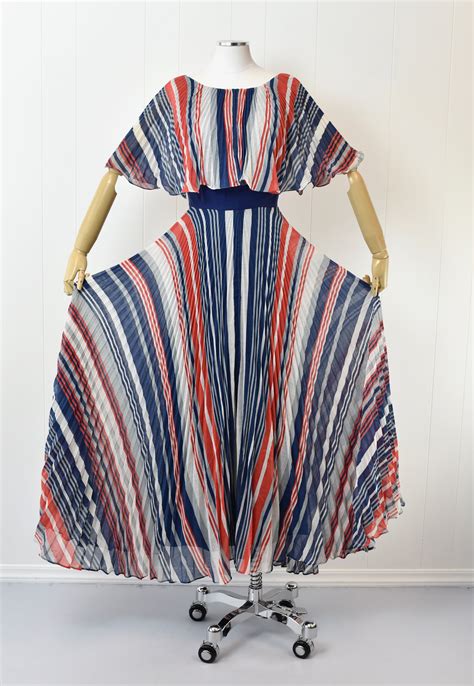 1970s red white and blue patriotic striped miss elliette maxi dress — canned ham vintage