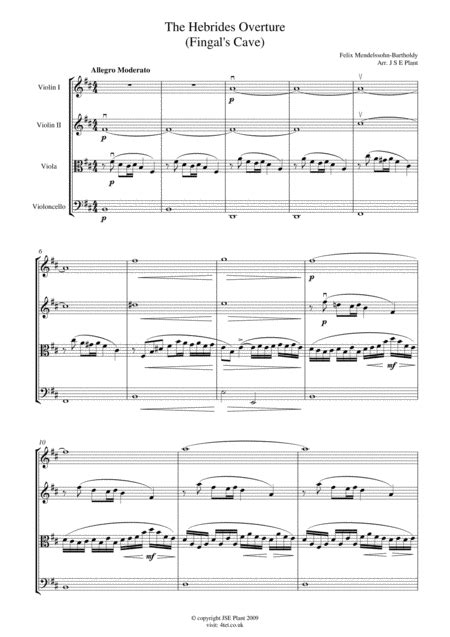Mendelssohn The Hebrides Overture Fingals Cave For String Quartet Score