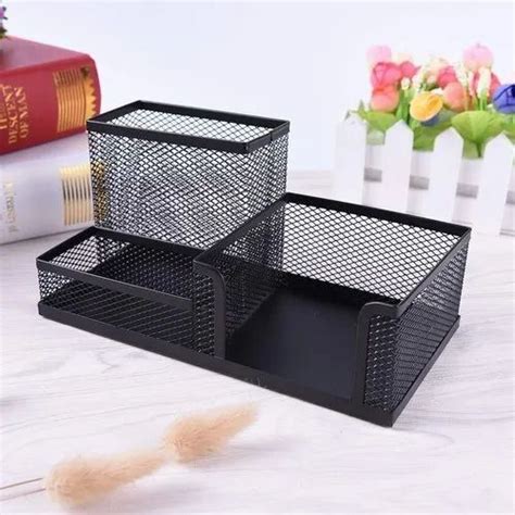 Metal Mesh Desk Organizer 3 Compartment Stationary Storage Stand And Pen