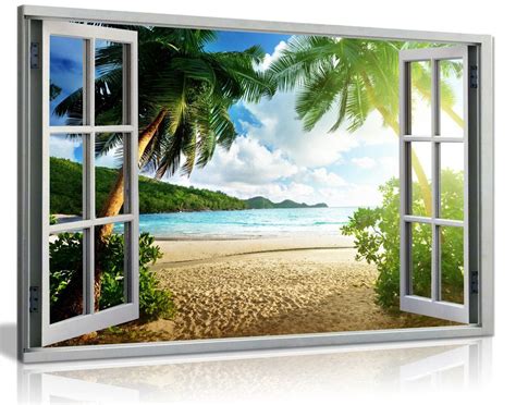 Beach Sunset View 3d Window Effect Canvas Wall Art Picture Print Ebay