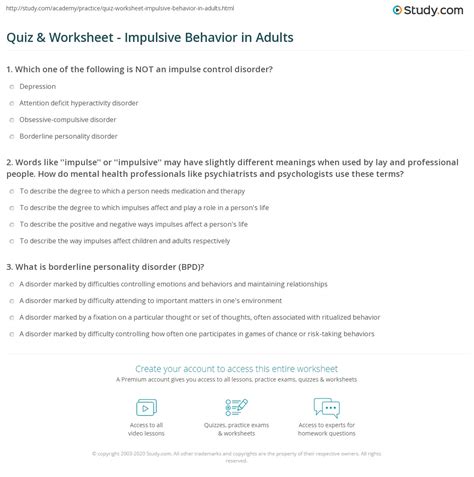 Quiz And Worksheet Impulsive Behavior In Adults