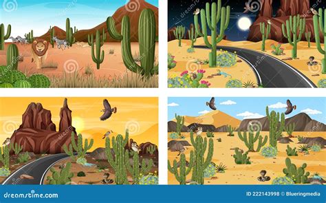 Four Different Desert Forest Landscape Scenes With Animals And Plants