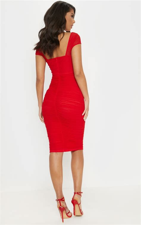 Red Mesh Ruched Midi Dress Dresses Prettylittlething