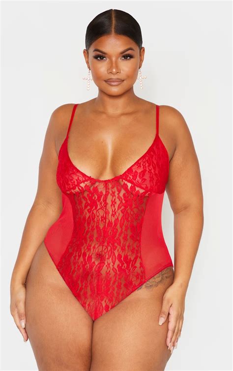 plus red sheer lace body plus size prettylittlething ca