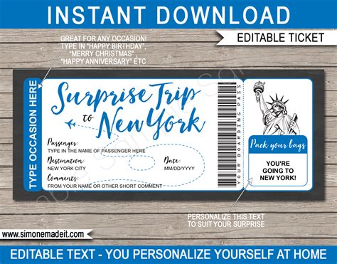 Printable Surprise Trip To New York Boarding Pass Template Trip Reveal
