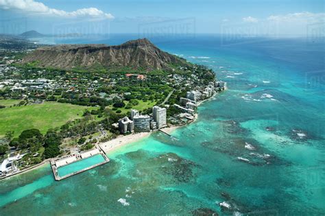 Aerial View Coastline With Diamond Head And East End Of Waikiki Honolulu Hawaii Usa Stock