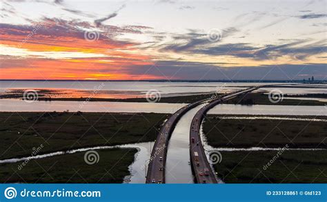 The Mobile Bay Causeway At Sunset On The Alabama Gulf Coast In October