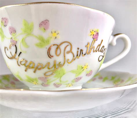 Porcelain Happy Birthday Teacup With Strawberries Etsy Birthday