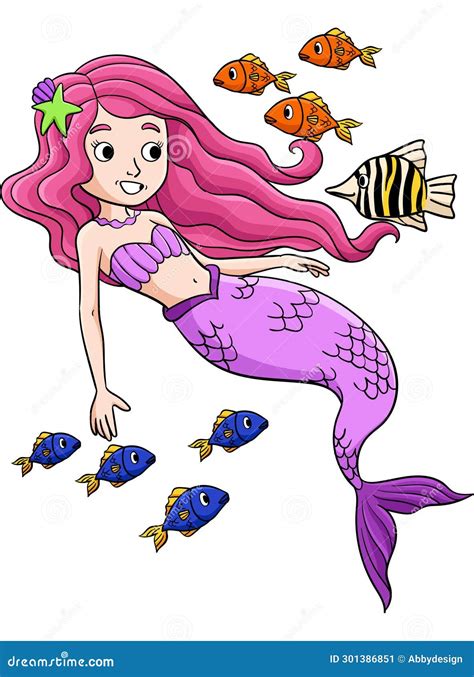Mermaid And A Fish Cartoon Colored Clipart Stock Vector Illustration