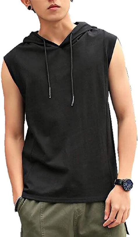 H E Mens Top Tee Hooded Cotton Sleeveless T Shirts Black M Amazon Co