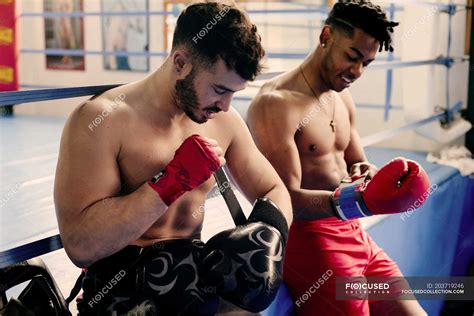 Muscular Men Putting On Boxing Gloves Boxers Fighters Stock Photo