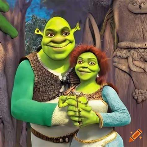 Shrek And Fiona Getting Married With Donkey Holding A Baby On Craiyon
