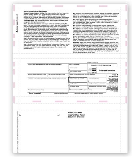 Irs Tax Form Self Mailer Laser 1099 Int Recipient Copy B