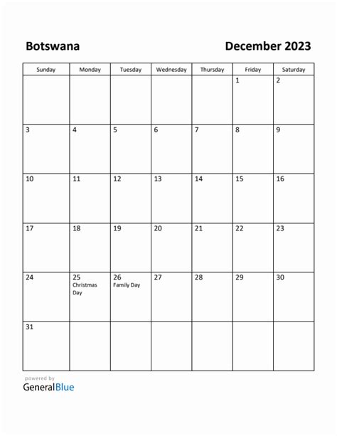 Free Printable December 2023 Calendar For Botswana