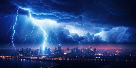 Premium Ai Image Lightning Storm Over City In Blue Light