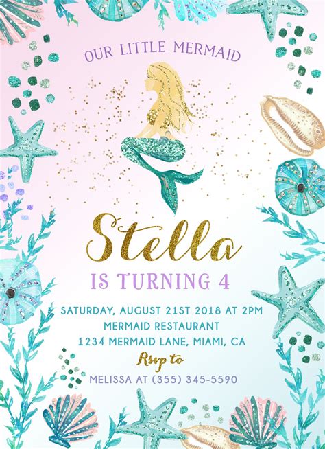 Mermaid Party Invitations Mermaid Theme Birthday Party Girl Birthday