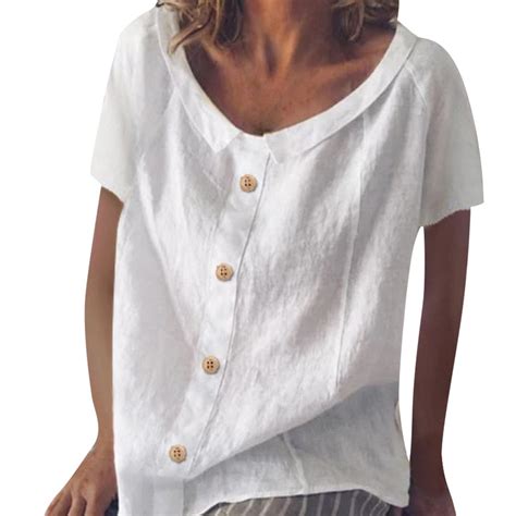 Feitong Plus Size Linen Women Tunic Shirt Summer Solid Button Blouse