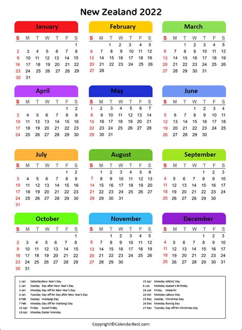 Calendar 2022 New Zealand Free Printable Pdf
