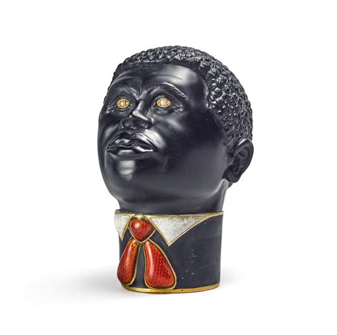 A Russian Carved Blackamoor Head Cane Handle Mounted In Gold And Enamel