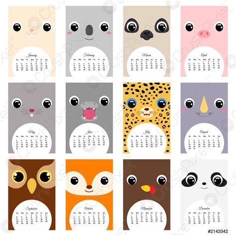 Cute Monthly Calendar 2020 With Animals Stock Vector 2142042 Crushpixel
