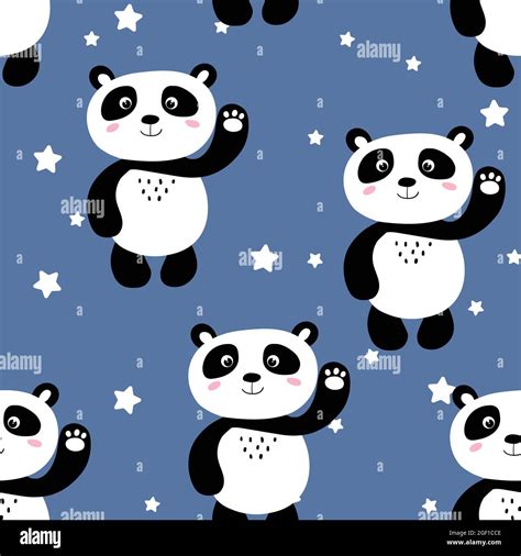 Seamless Pattern With Cute Panda Baby And Stars On Color Background