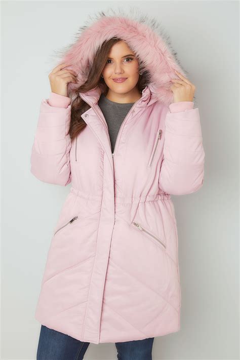 Pink Padded Parka Jacket With Faux Fur Hood Plus Size 16 To 36