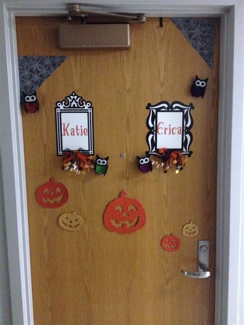 Halloween Dorm Room Door Decorations Pumpkins Spider Webs Name Frames And Owls Room