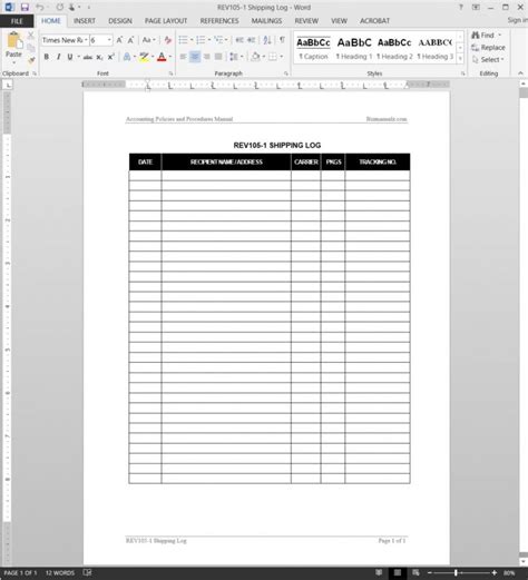 Shipping Log Template