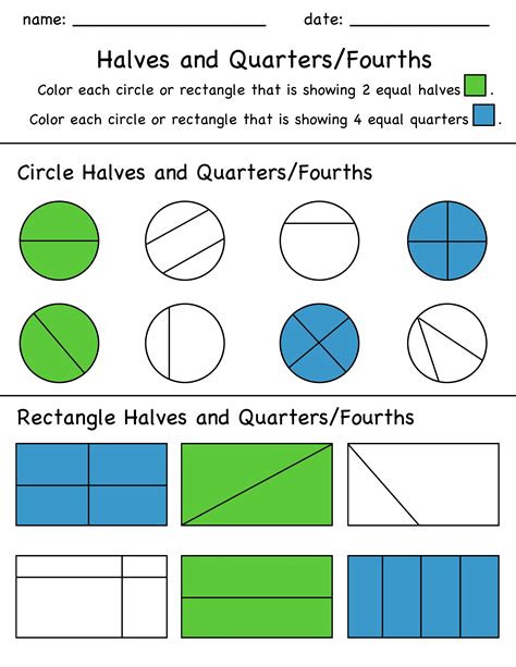 Halves And Quarters Fractions Color In Worksheet 1st Grade Math