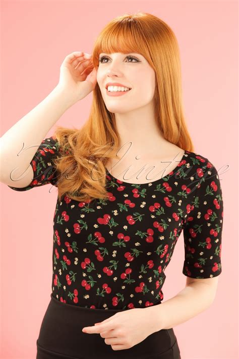 50s Temptation Cherry Ballerina Top In Black