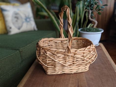 Wicker Flower Basket With Handle Natural Rustic Country Etsy