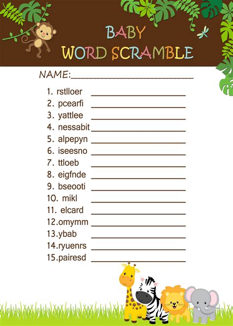 Jungle Safari Baby Shower Games Word Scramble 399 Baby Shower Fun