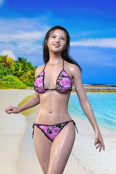 ピンクの花柄のビキニを着た黒髪の女性が自然豊かな島の海岸で笑顔を浮かべながら散策しているのイラスト素材 [126121548] イメージマート