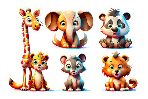 Colorful Set Of Safari Baby Cartoon Animals Characters Illustration