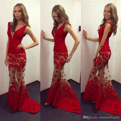 Hot Red 3d Appliques Flora Prom Dresses Mermaid Illusion Look V Neck