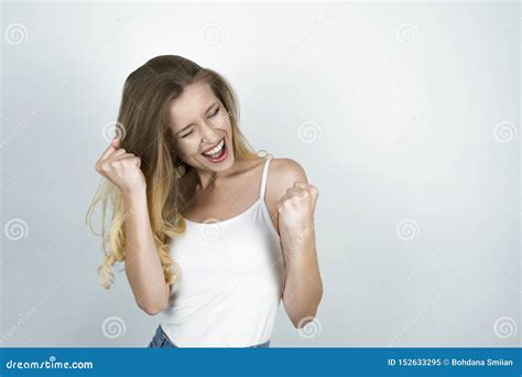 Blond Girl Making A Fist With Both Hands White Background Stock Image Image Of Makeup