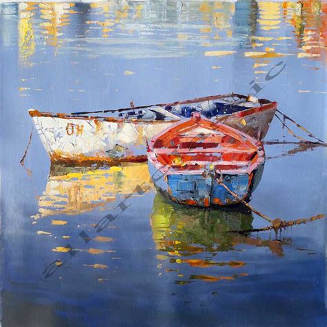 Two Boats With Reflections In A Lake 2019 Original Oil Painting