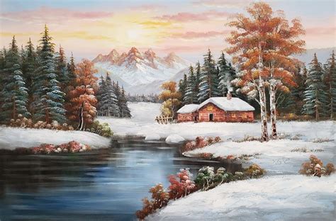 A Painting Of A Cabin In The Snow