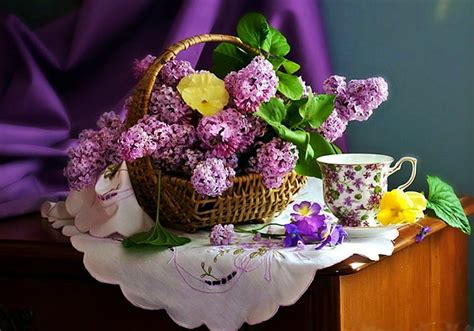 Still Life Bouquet Basket Flowers Cup Lilacs Hd Wallpaper Peakpx