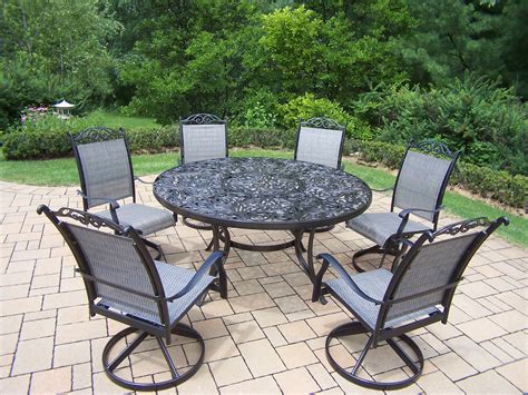 Round patio dining sets encourage a relaxed mood that pairs nicely with quiet times, family meals, and small gatherings. Oakland Living Aluminum 7 Pc. Patio Dining set w/ 60 ...