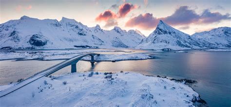 View From Flying Drone Of Lofoten Islands Exotic Winter Sunrise On