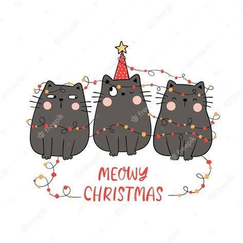 Premium Vector Draw Black Cat With Meowy Christmas Concept