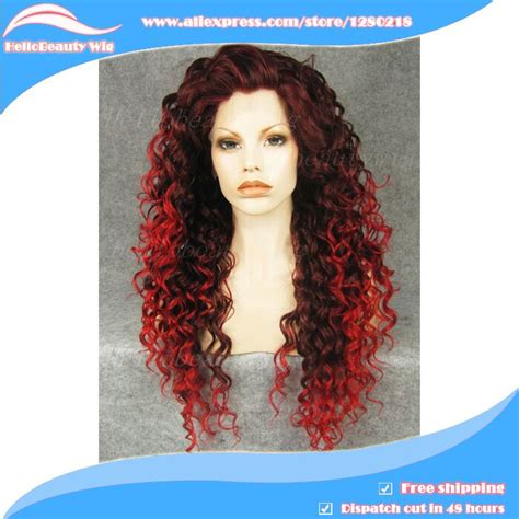 Free 26 Extra Long Curly Synthetic Lace Front Auburn Red Ombre Hair
