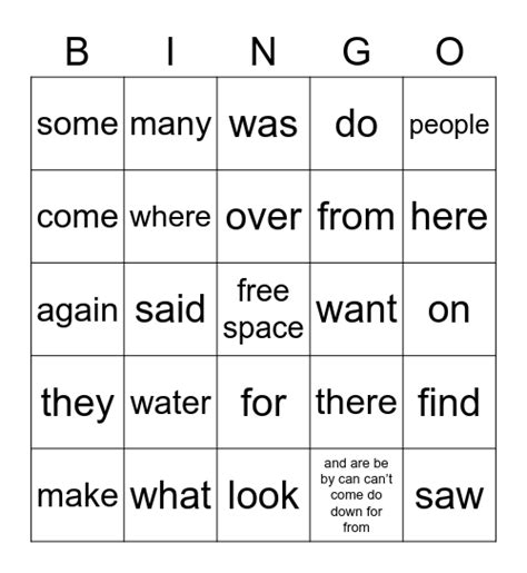 Sipps Sight Words Bingo Card